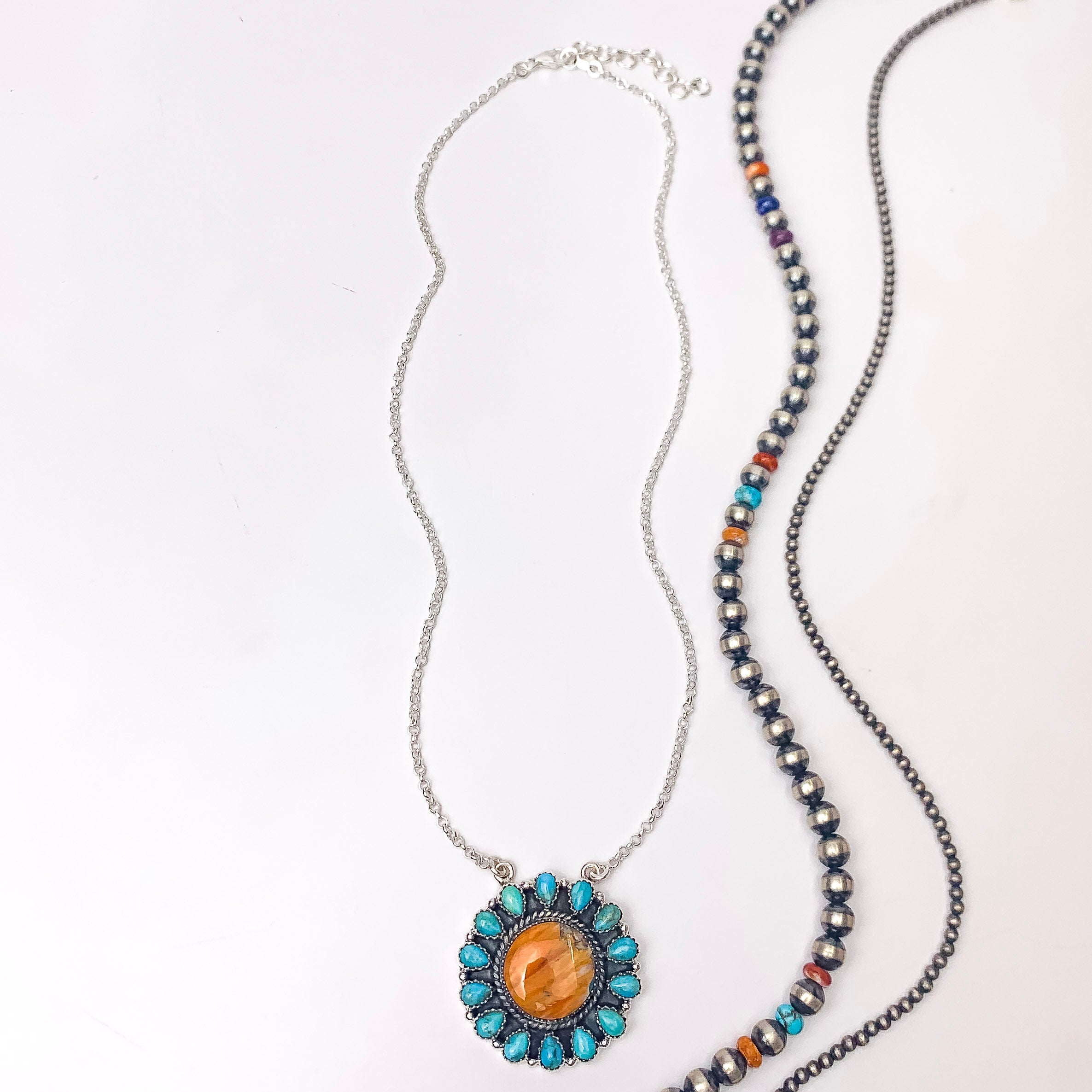 Hada Collection | Handmade Sterling Silver Necklace with Spiny Oyster Center and Turquoise Outline - Giddy Up Glamour Boutique