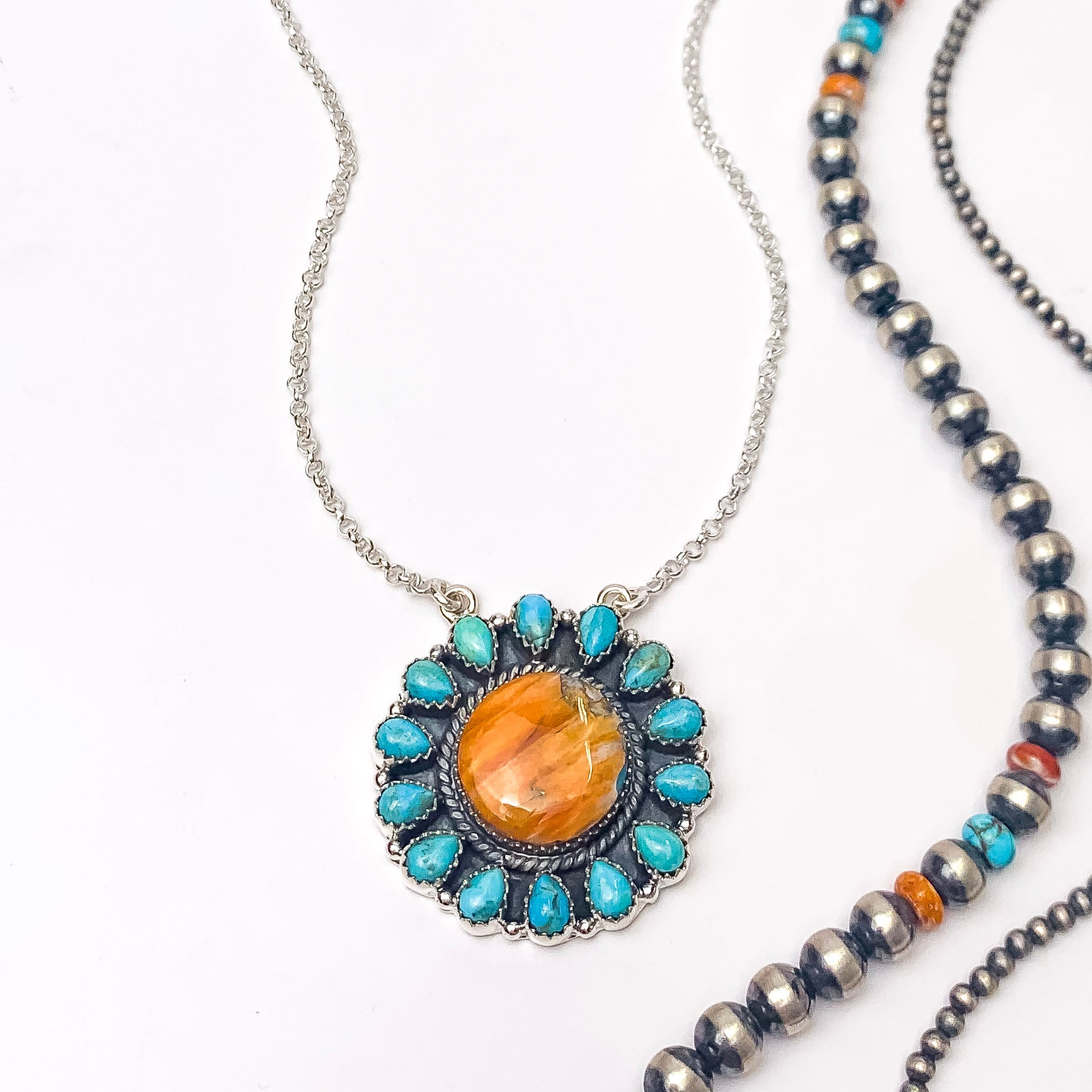 Hada Collection | Handmade Sterling Silver Necklace with Spiny Oyster Center and Turquoise Outline - Giddy Up Glamour Boutique
