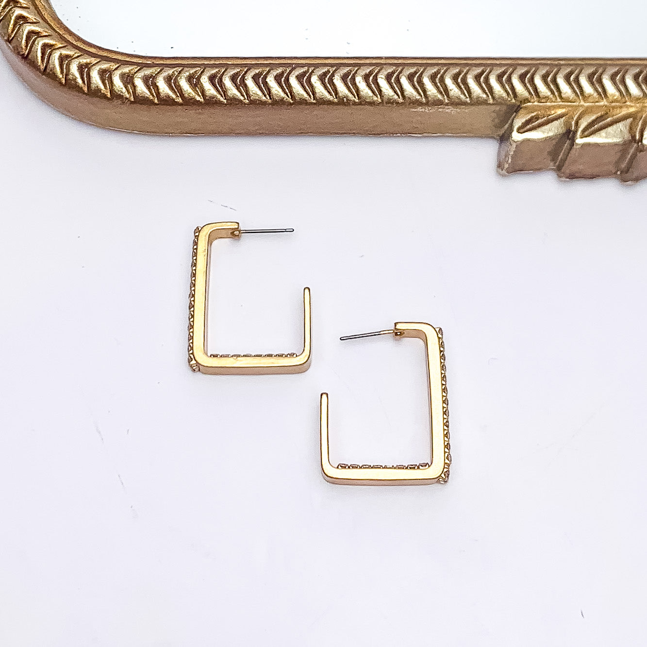 Gold Tone Rectangle Hoop Earrings With Clear Crystal Inlay - Giddy Up Glamour Boutique