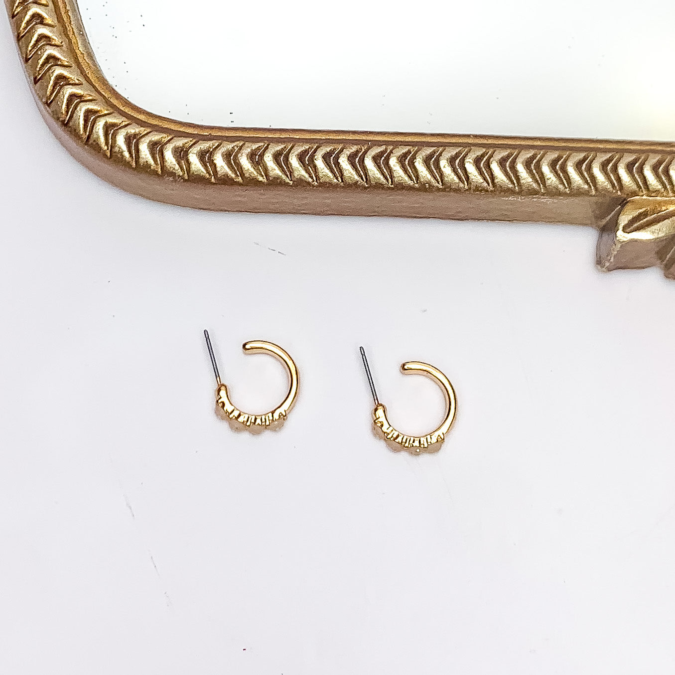 Small Gold Tone Hoop Earrings With Opal Stones - Giddy Up Glamour Boutique