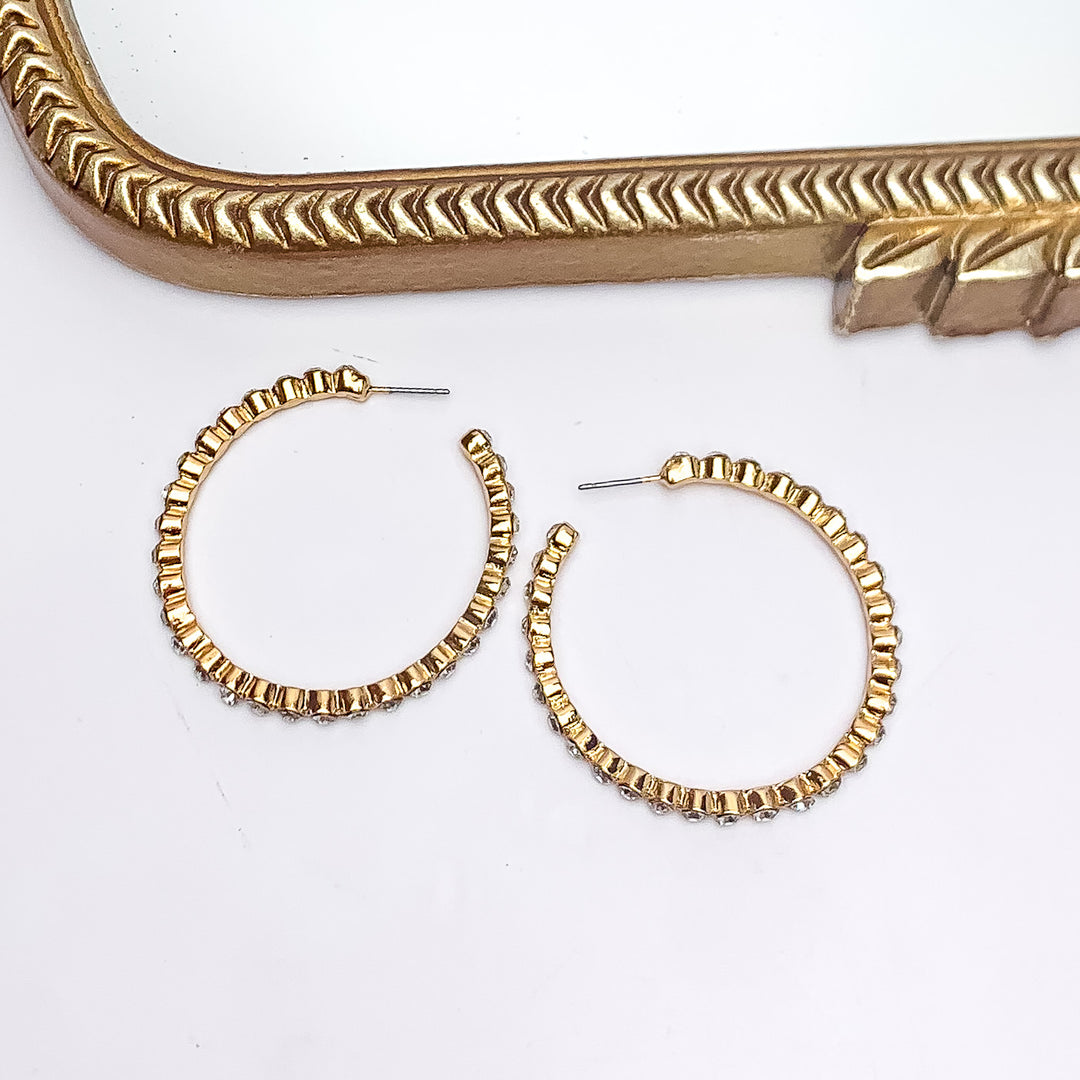 Large Gold Tone Hoop Earrings Outlined in Clear Crystals - Giddy Up Glamour Boutique
