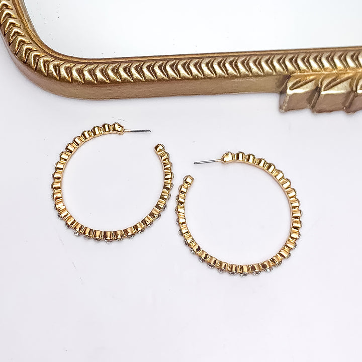 Large Gold Tone Hoop Earrings Outlined in Clear Crystals - Giddy Up Glamour Boutique
