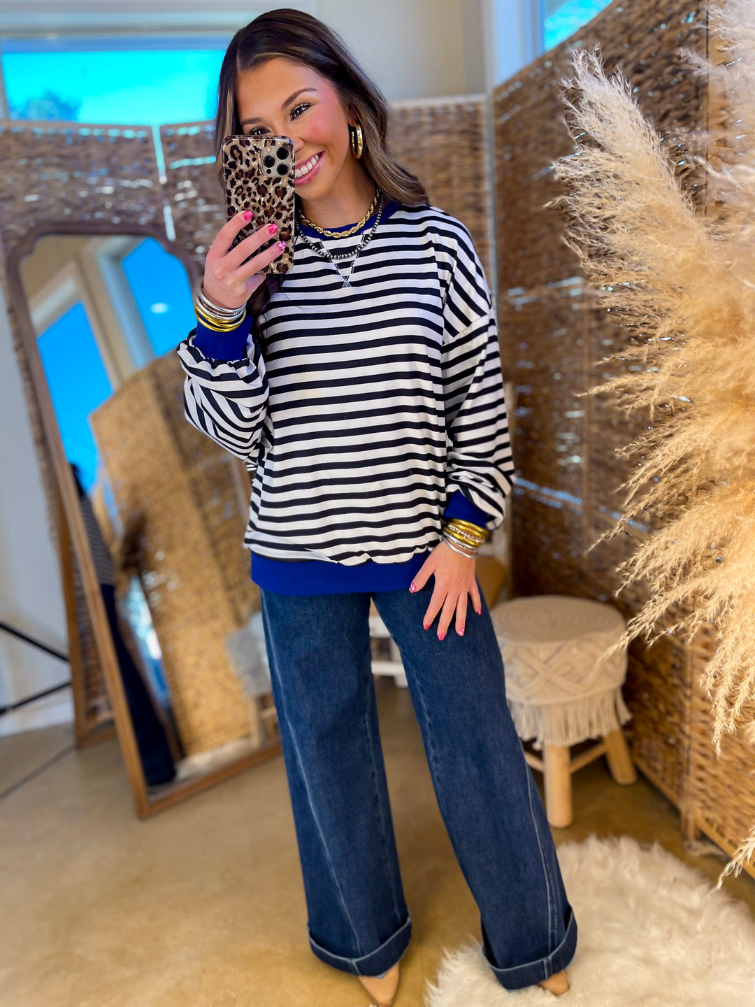 Built In Style Striped Long Sleeve with Trim Top in Black and White Stripes with Royal Blue