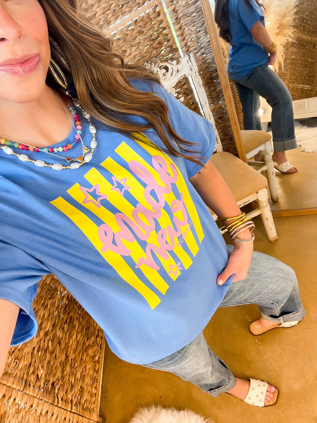 Renewed in Faith "Made New" 2 Cor 5:17 Stripe Print Short Sleeve Graphic Tee in Blue