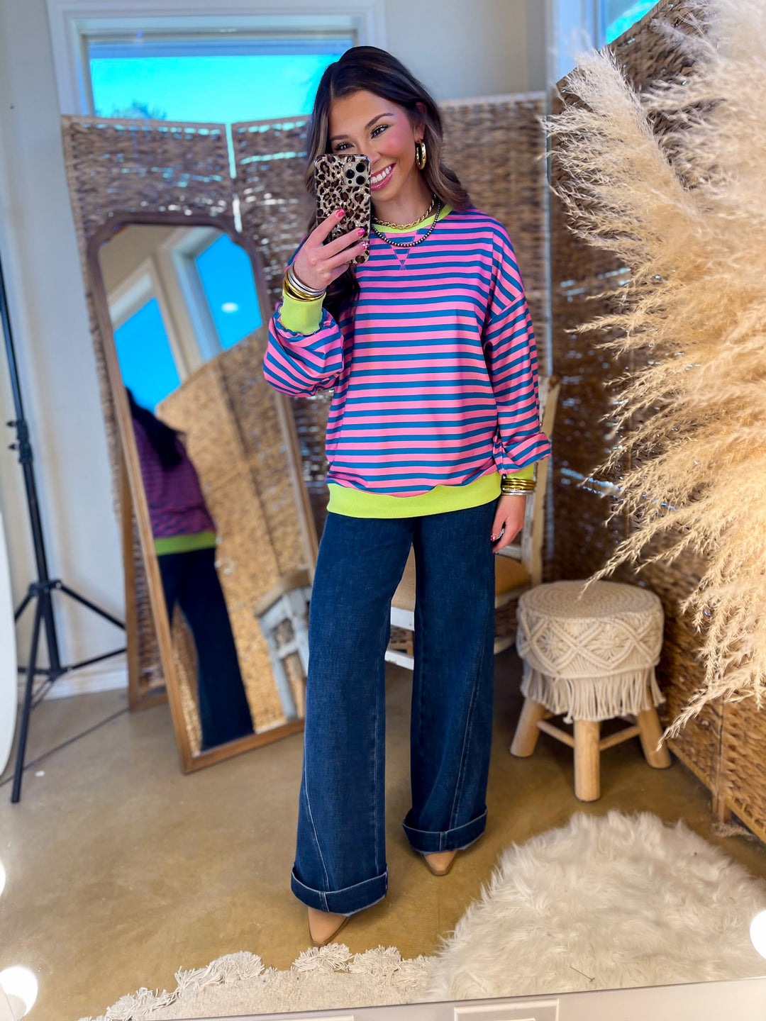 Built In Style Striped Long Sleeve with Trim Top in Pink and Blue Stripe with Lime Green