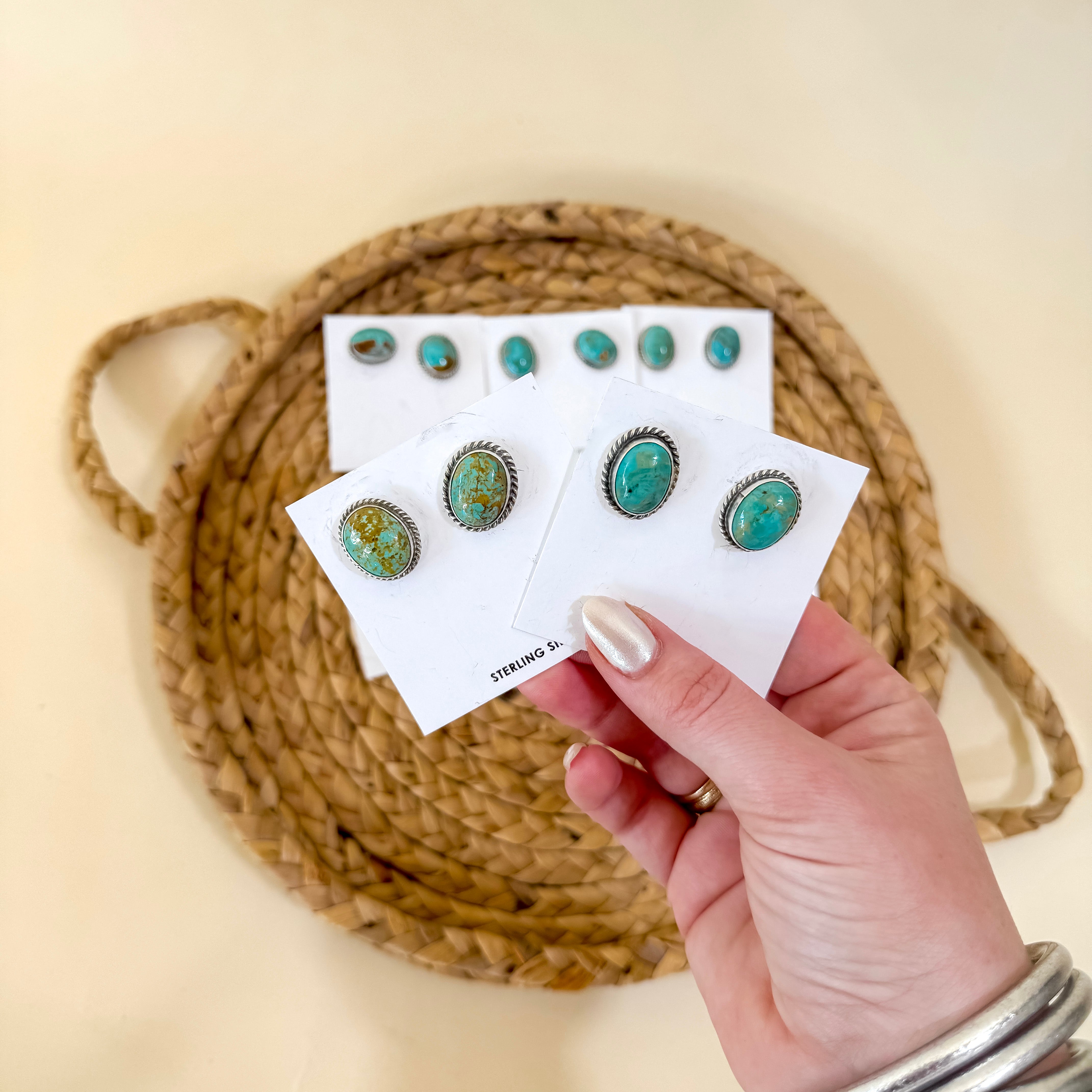 Elouise Kee | Navajo Handmade Sterling Silver Oval Stud Earrings with Kingman Turquoise