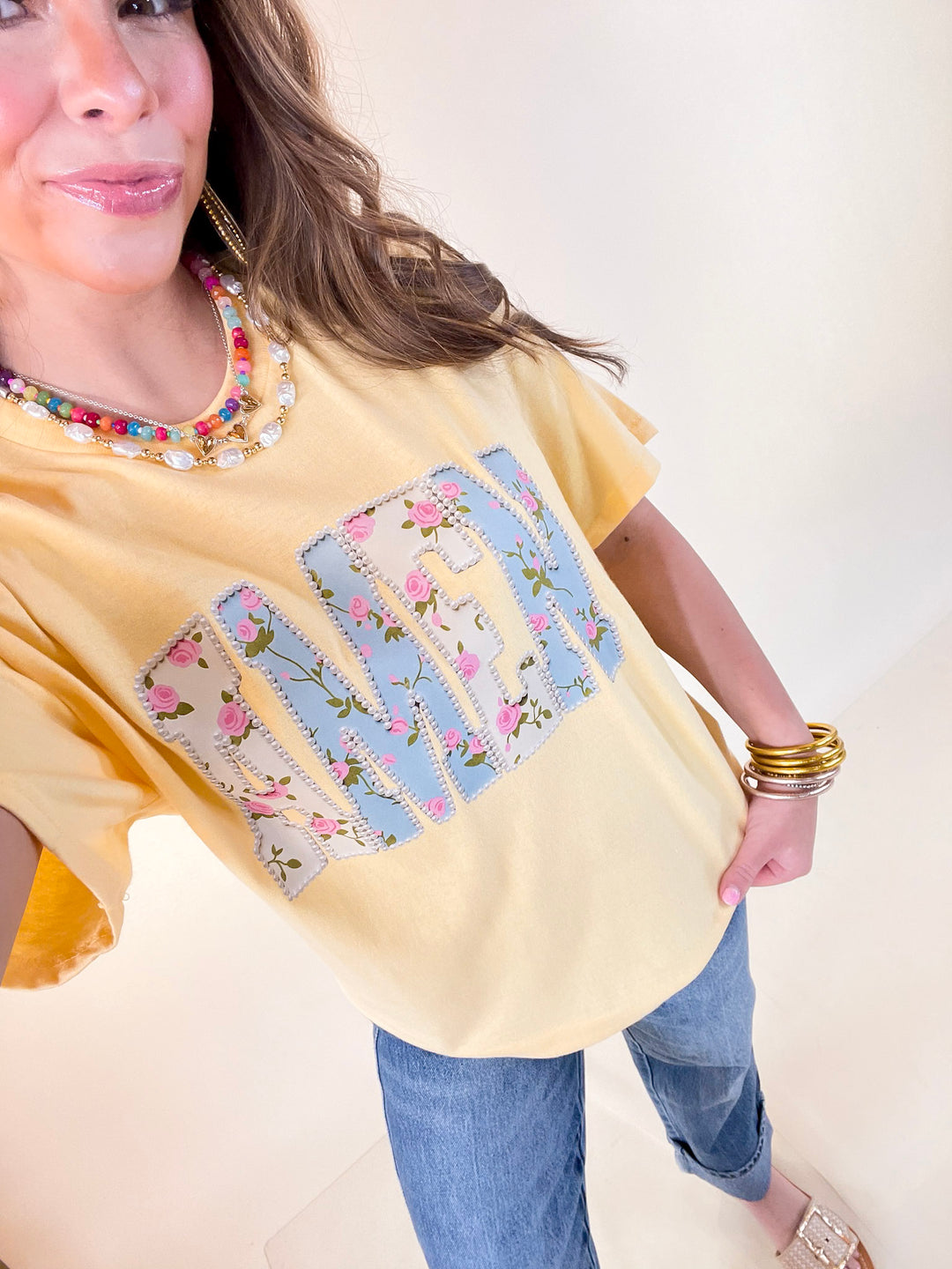 Heaven Sent "Amen" Floral and Pearl Print Short Sleeve Graphic Tee in Butter Yellow