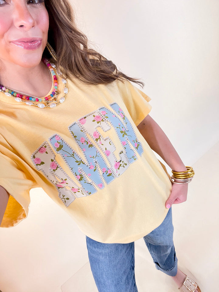 Heaven Sent "Amen" Floral and Pearl Print Short Sleeve Graphic Tee in Butter Yellow