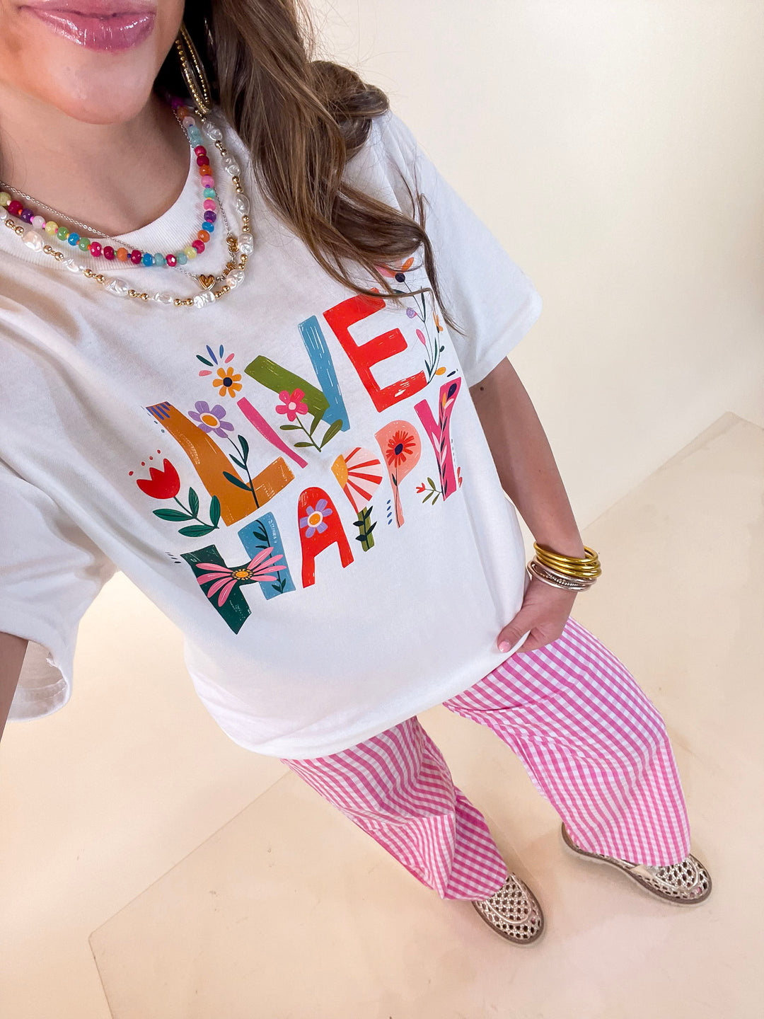 Happiness on Repeat "Live Happy" Floral Print Short Sleeve Graphic Tee in White