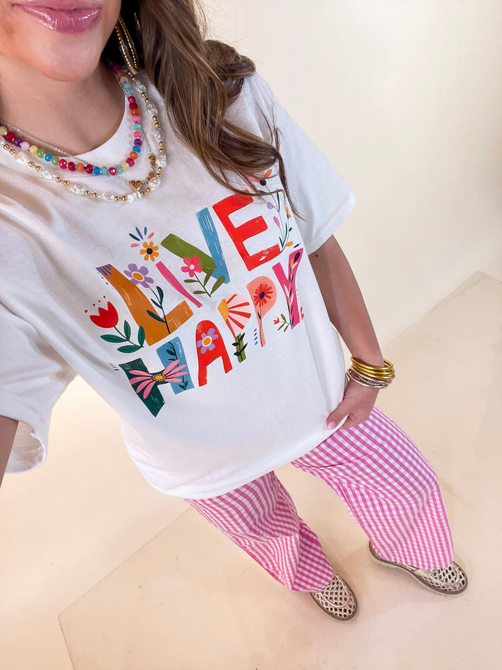 Happiness on Repeat "Live Happy" Floral Print Short Sleeve Graphic Tee in White
