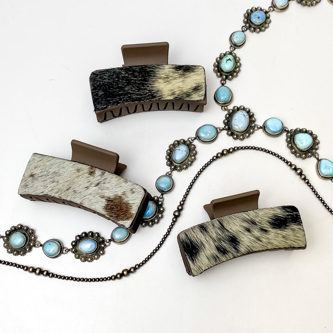 Brown Rectangle Claw Clip with Ivory and Brown Mix Cowhide - Giddy Up Glamour Boutique