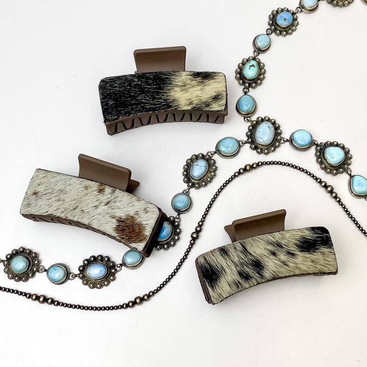 Brown Rectangle Claw Clip with Ivory and Brown Mix Cowhide - Giddy Up Glamour Boutique