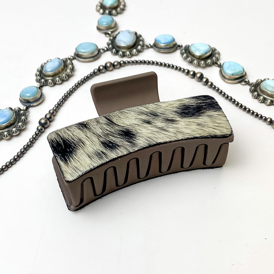 Brown Rectangle Claw Clip with Ivory and Brown Mix Cowhide - Giddy Up Glamour Boutique