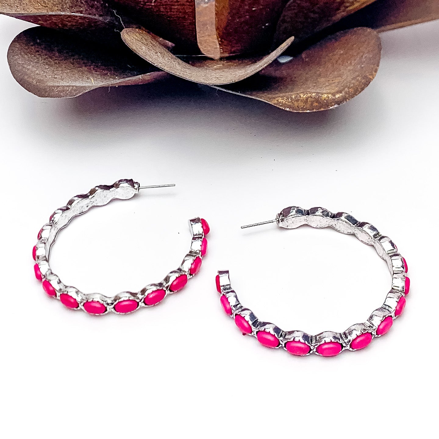 Silver Hoop Earrings with Fuchsia Pink Stones - Giddy Up Glamour Boutique