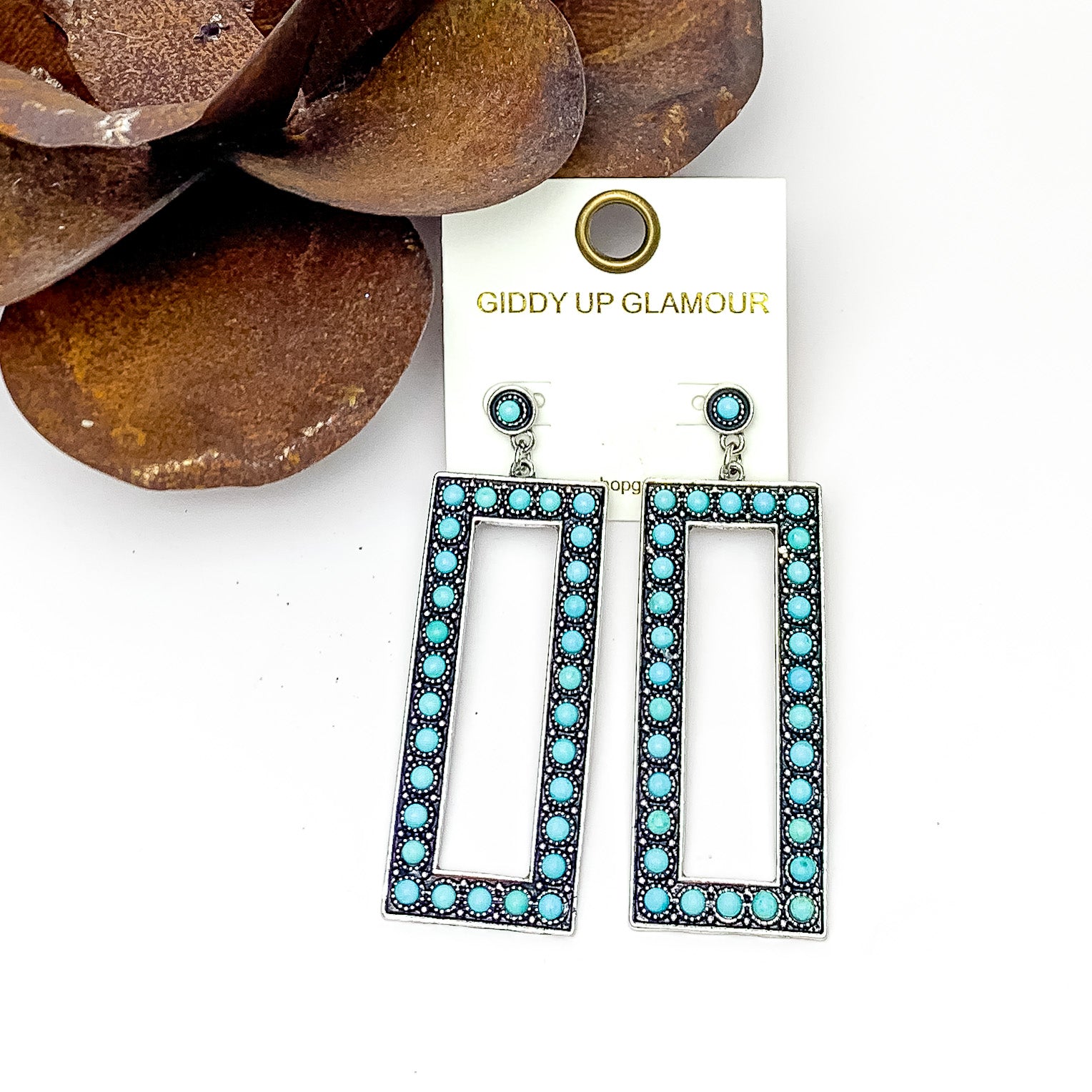 Silver Tone Rectangular Drop Earrings With Stones in Turquoise Blue - Giddy Up Glamour Boutique