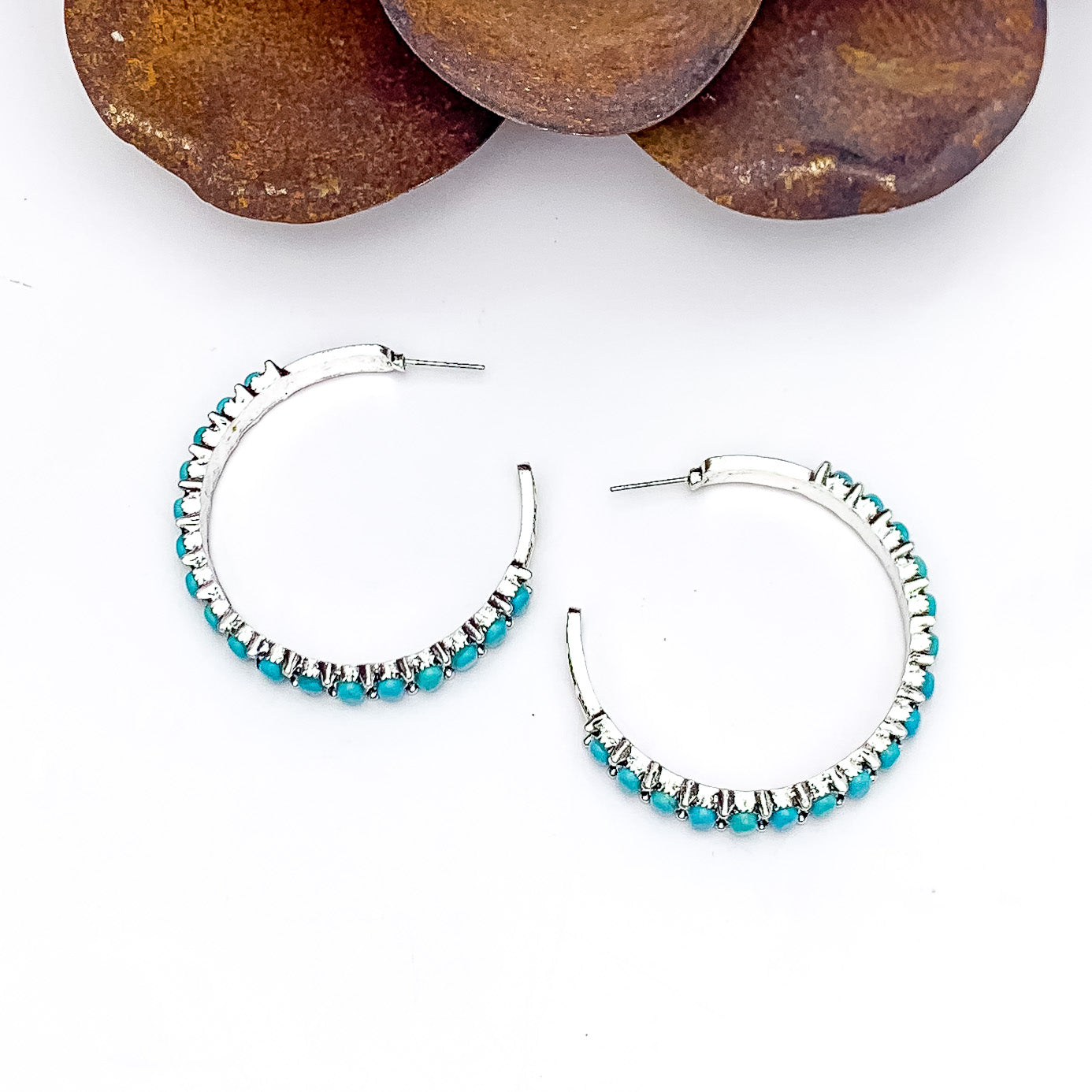 Silver Tone Semi Hoop Earring with Turquoise Blue Stones - Giddy Up Glamour Boutique