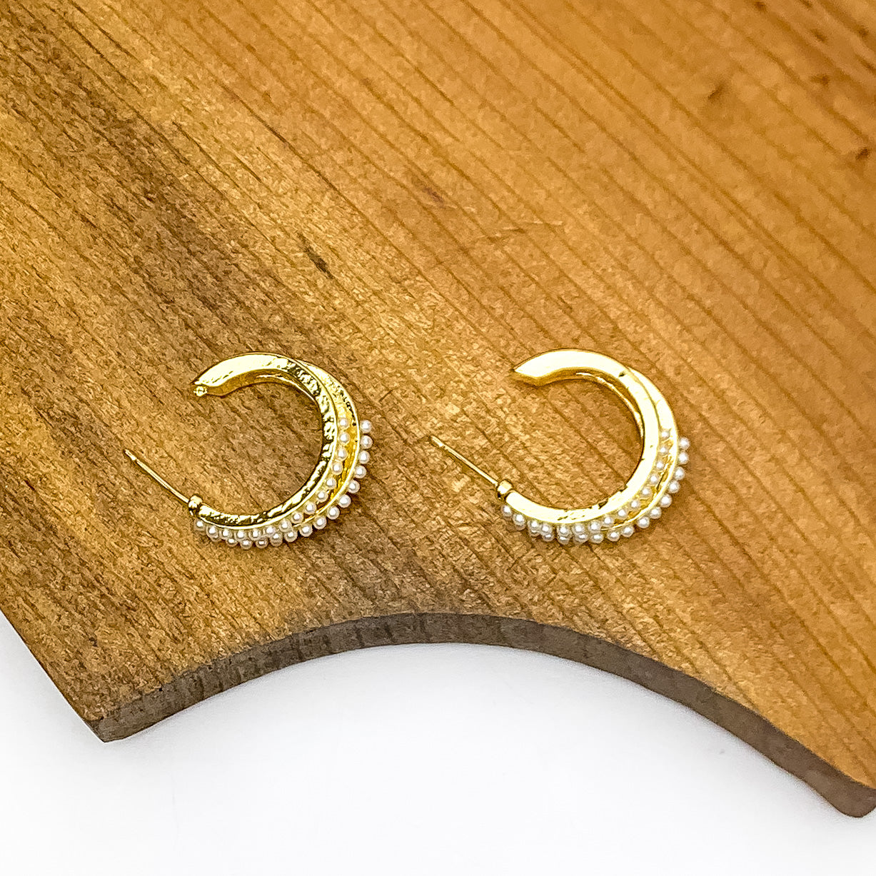 Small Gold Tone Hoop Earrings Outlined in Pearls - Giddy Up Glamour Boutique
