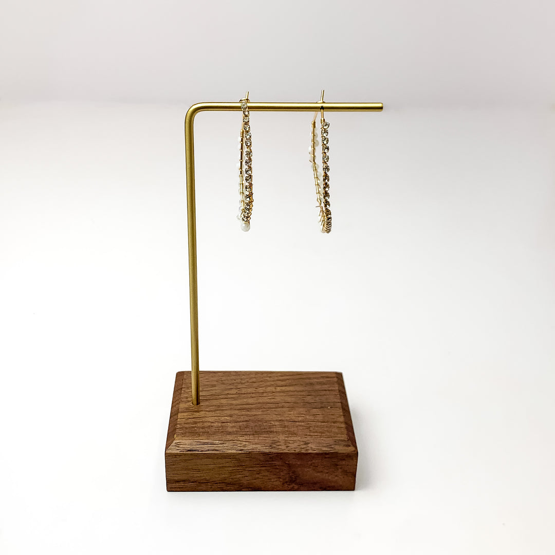 Gold Tone Hexagon Earrings Wrapped in Clear and Ivory Crystals - Giddy Up Glamour Boutique