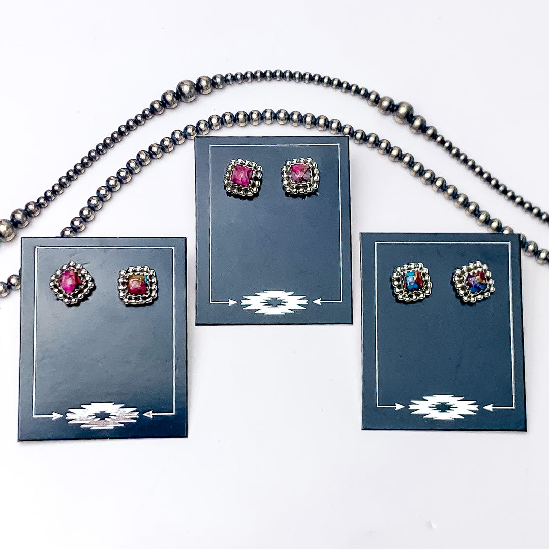 Hada Collection | Handmade Sterling Silver Square Shaped Stud Earrings with Pink Dahlia Stones - Giddy Up Glamour Boutique