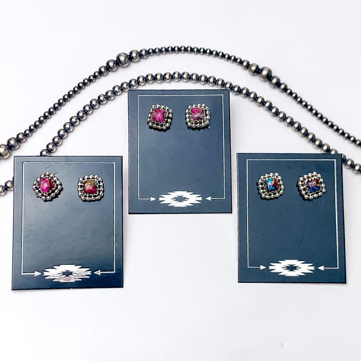 Hada Collection | Handmade Sterling Silver Square Shaped Stud Earrings with Pink Dahlia Stones - Giddy Up Glamour Boutique