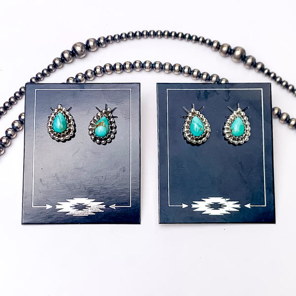 Hada Collection | Handmade Sterling Silver Teardrop Shaped Stud Earrings with Kingman Turquoise Remix Stones