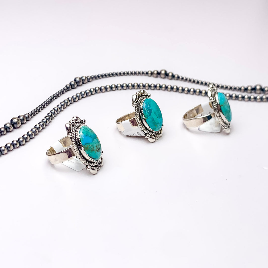 HaDa Collection | Sterling Silver Adjustable Oval Shaped Partial Design Kingman Turquoise Stone Remix Rings - Giddy Up Glamour Boutique
