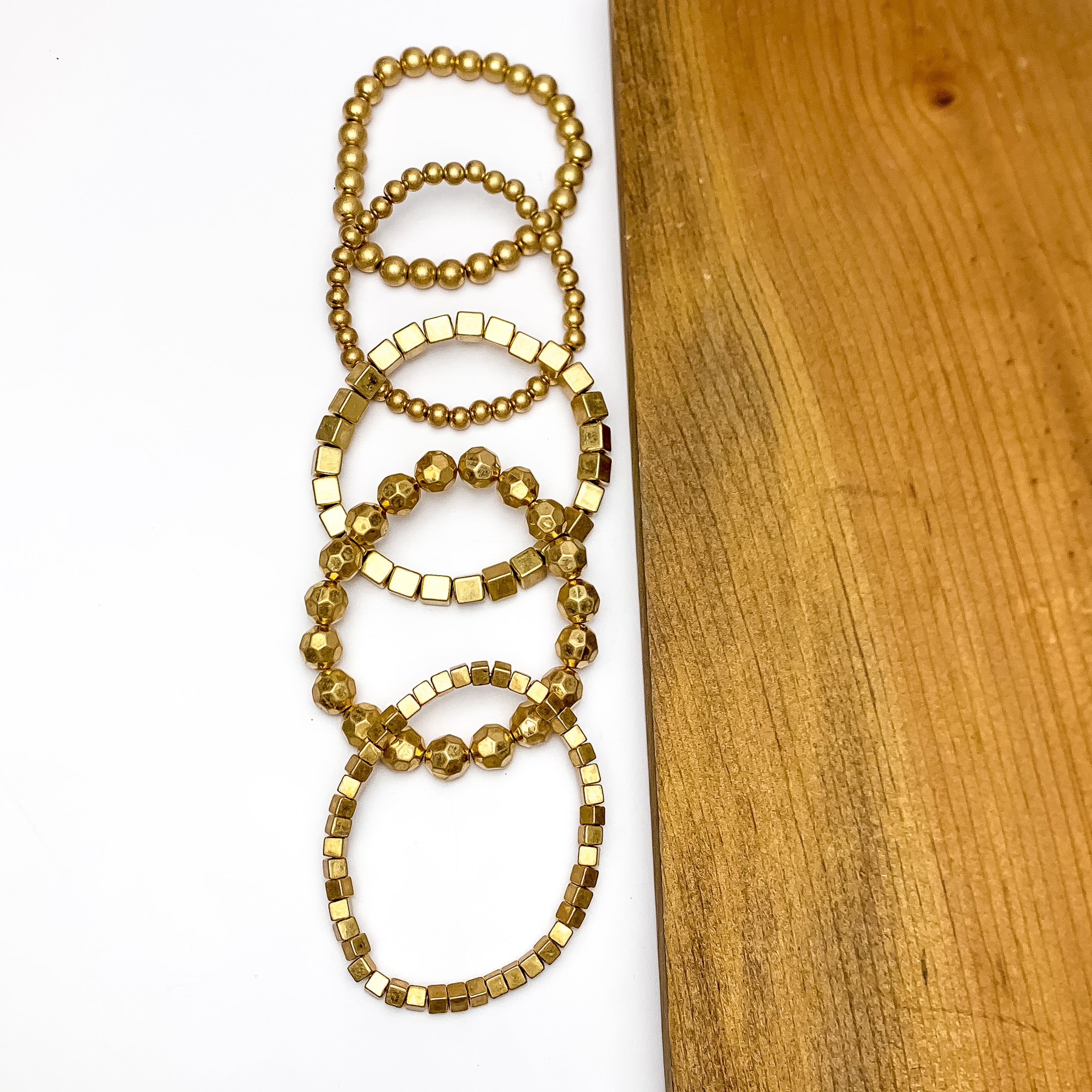 Set Of Five | Gold Tone Beaded Bracelets - Giddy Up Glamour Boutique