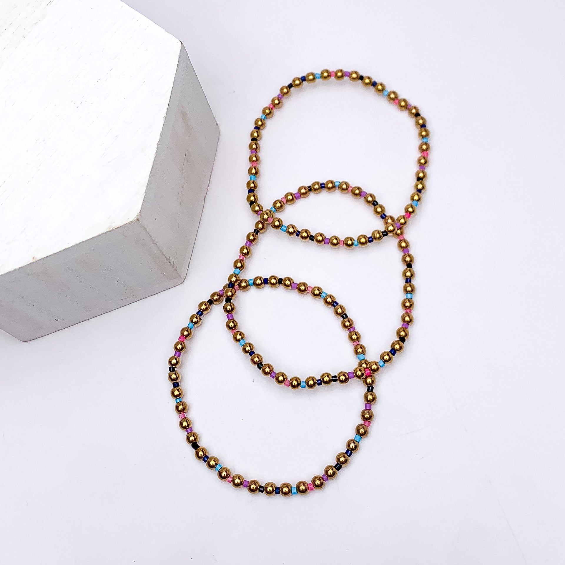 Set of Three | Stretchy Gold Tone Beaded Bracelets With Spacers in Multicolor - Giddy Up Glamour Boutique