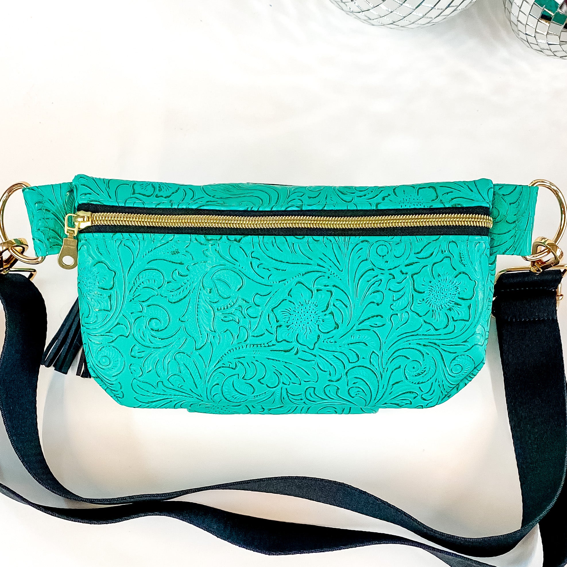 Makeup Junkie | Turquoise Dream Sidekick with Back Zipper in Turquoise Green Tooled Print - Giddy Up Glamour Boutique