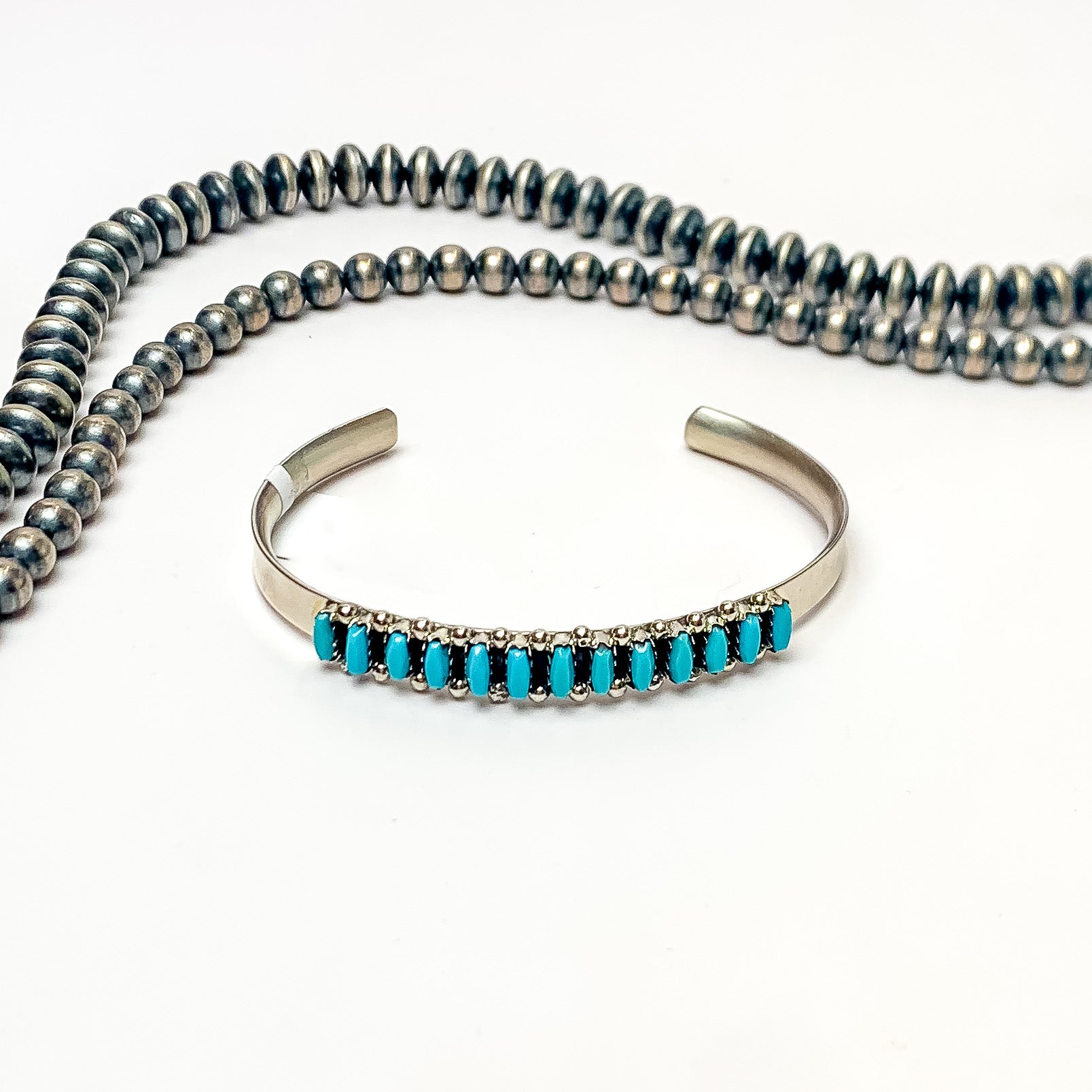 V Martz | Zuni Handmade Sterling Silver Cuff with Turquoise Stones - Giddy Up Glamour Boutique