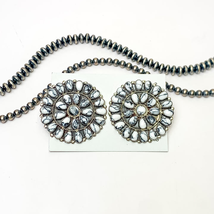 Danny L. Wauneka | Navajo Handmade Sterling Silver Post Earrings with White Buffalo Cluster - Giddy Up Glamour Boutique