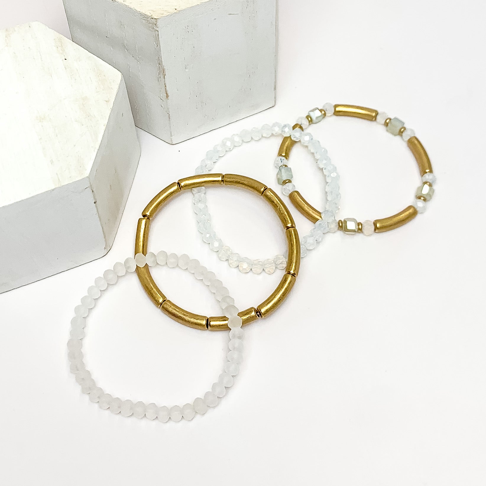 Set of Four | City Trip Beaded Bracelet Set in Gold Tone and White - Giddy Up Glamour Boutique