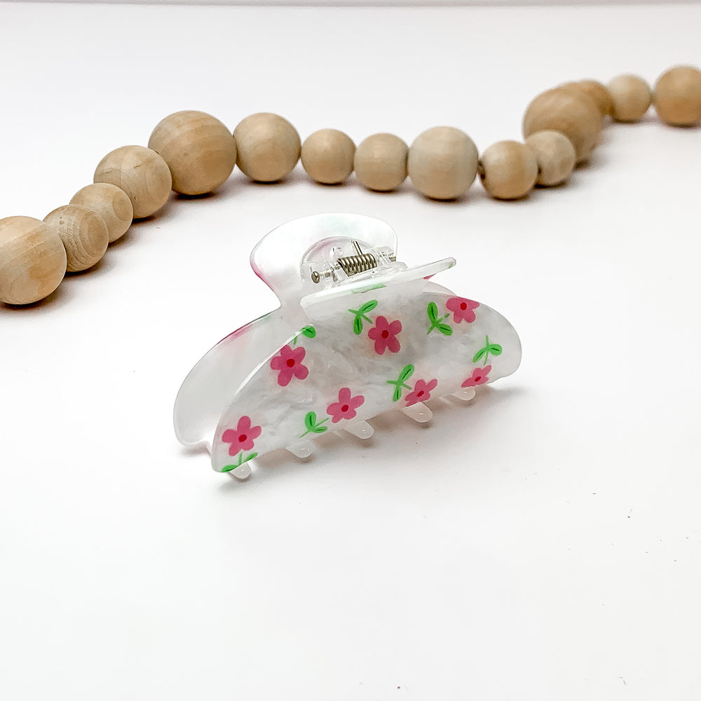 Flower Patch Hair Clip in White With Pink Flowers - Giddy Up Glamour Boutique