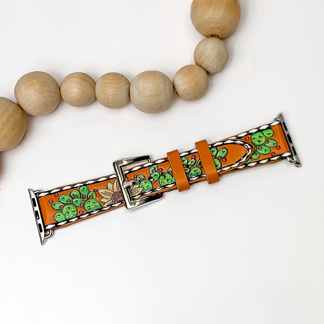 Brown Faux Leather Watch Band With Desert Design - Giddy Up Glamour Boutique