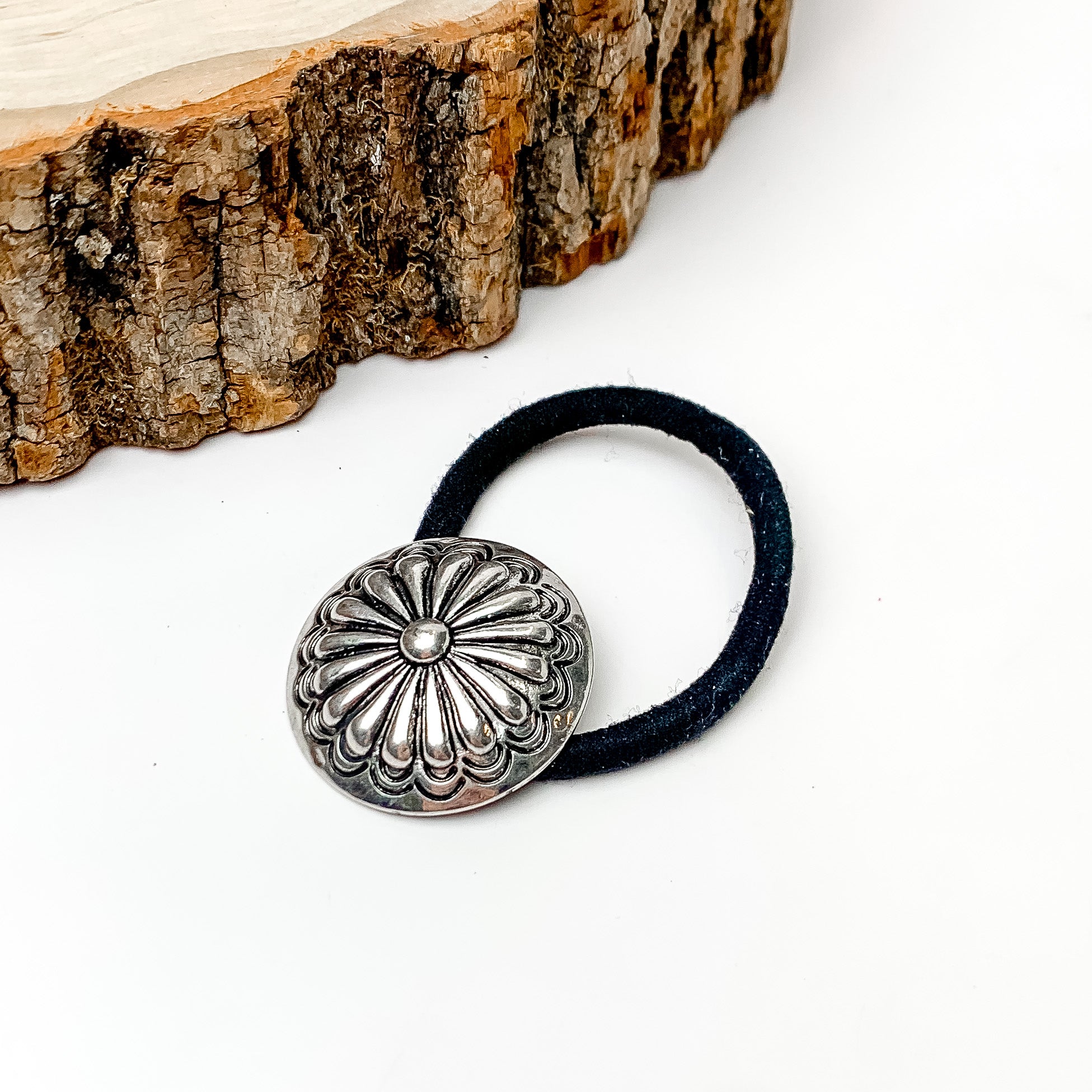 Silver Tone Circle Concho Pendant and Black Hair Tie - Giddy Up Glamour Boutique