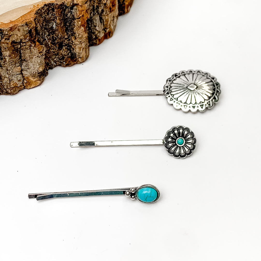 Set of Three | Western Concho and Faux Turquoise Stone Hair Pins in Silver Tone - Giddy Up Glamour Boutique