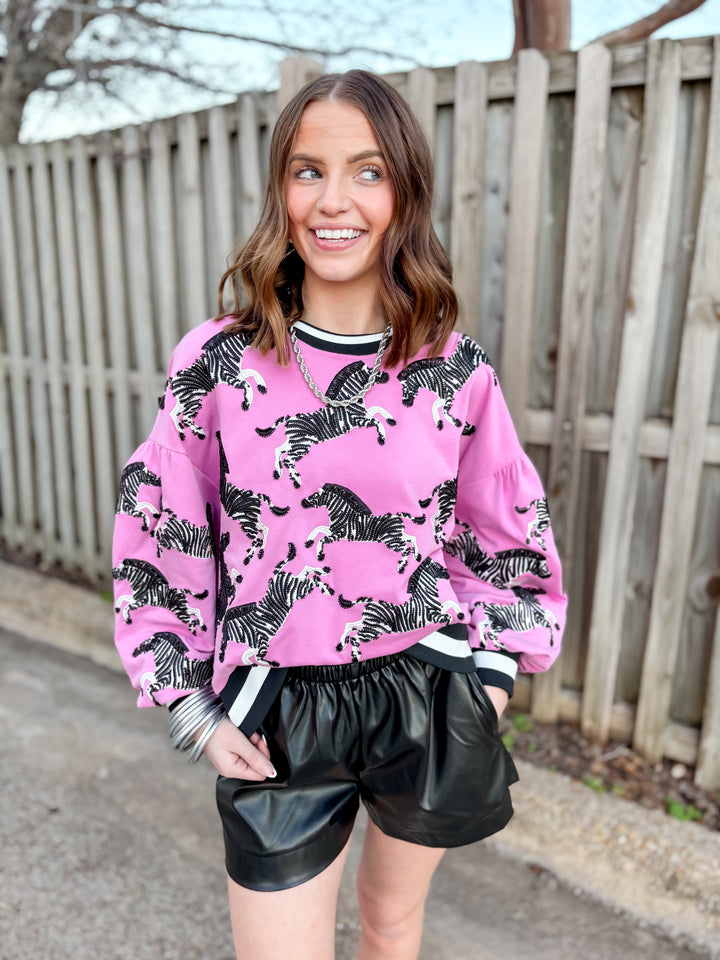 Queen Of Sparkles | Wild Expedition Fully Beaded Zebra Print Long Sleeve Sweatshirt in Pink - Giddy Up Glamour Boutique