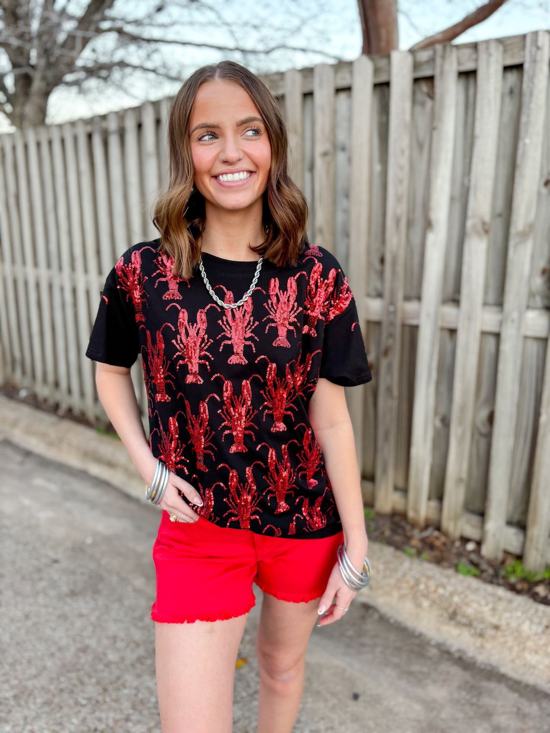 Queen Of Sparkles | Bayou Beauty Fully Sequin Crawfish Short Sleeve Tee in Black - Giddy Up Glamour Boutique