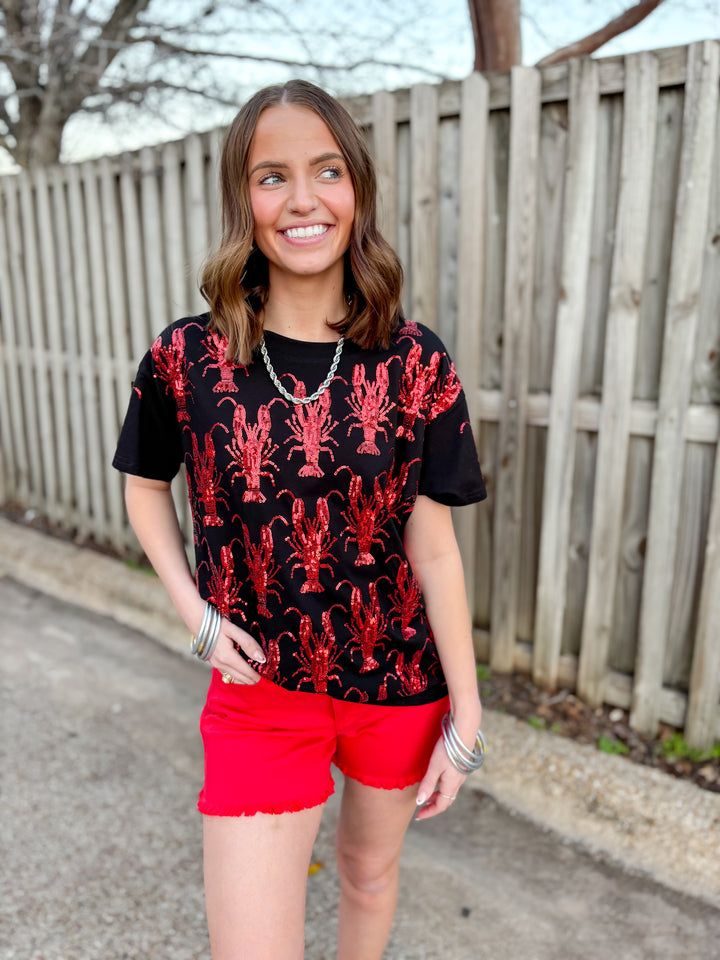 Queen Of Sparkles | Bayou Beauty Fully Sequin Crawfish Short Sleeve Tee in Black - Giddy Up Glamour Boutique