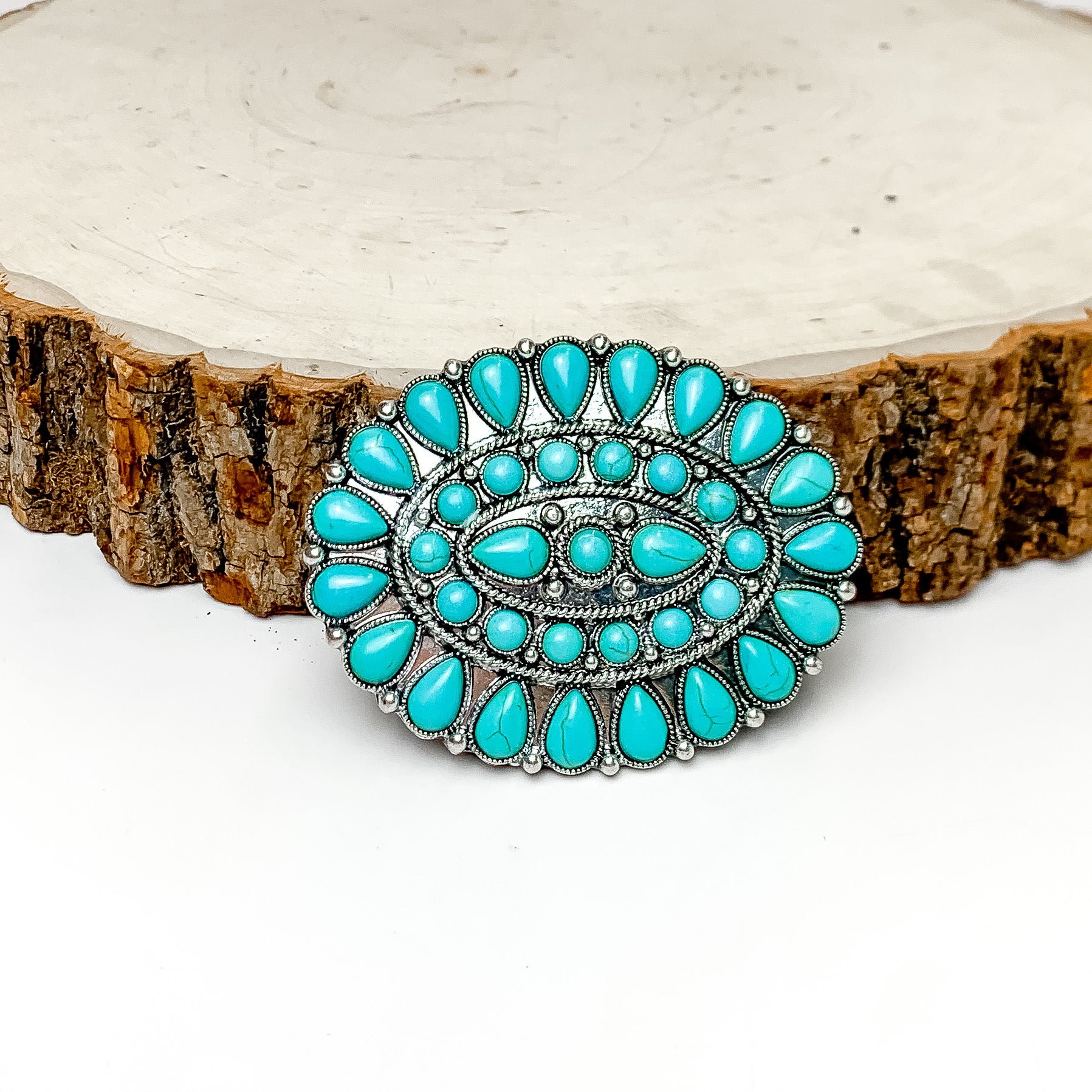 Turquoise Blue Stoned Oval Belt Buckle in Silver Tone