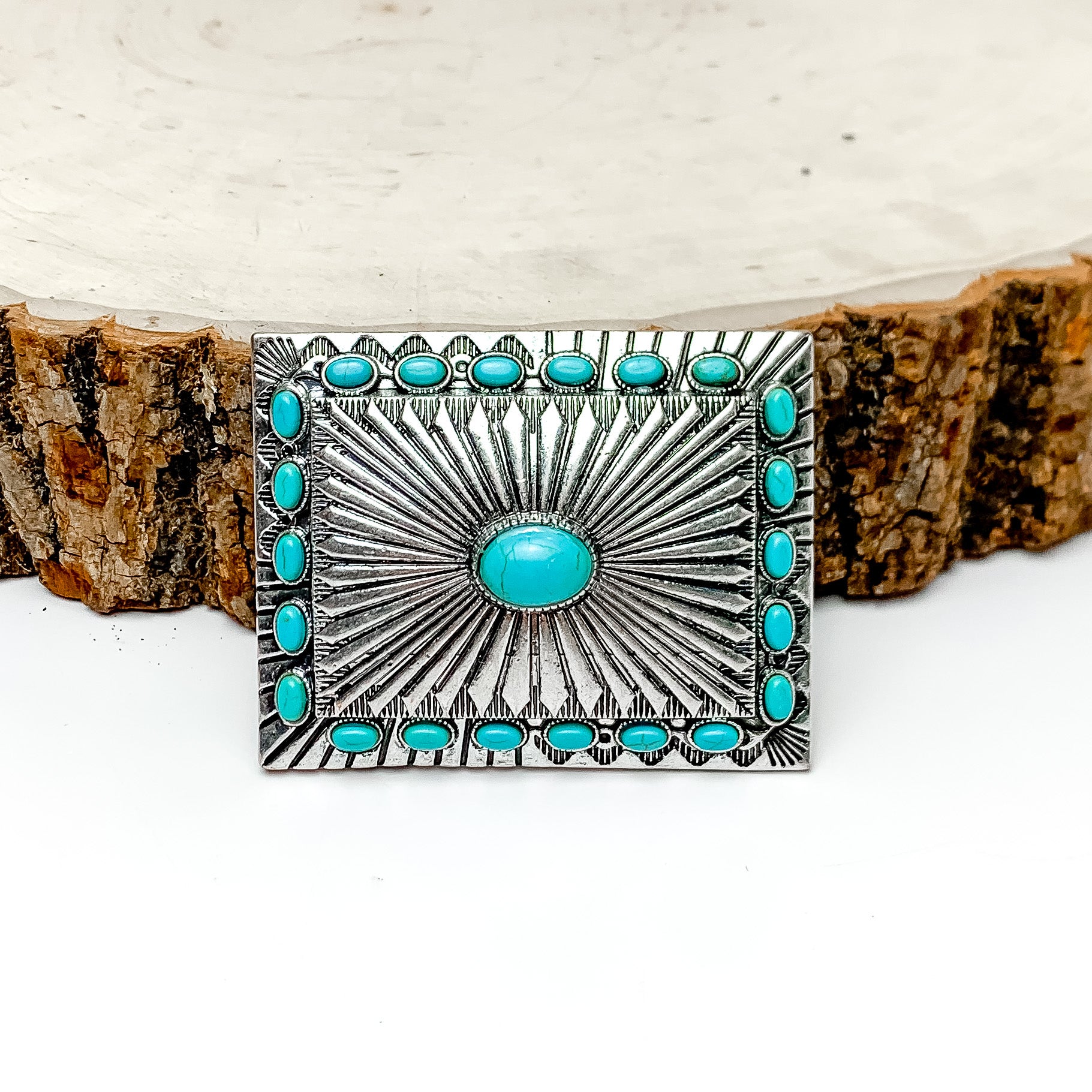 Turquoise Blue Stoned Rectangle Belt Buckle in Silver Tone - Giddy Up Glamour Boutique