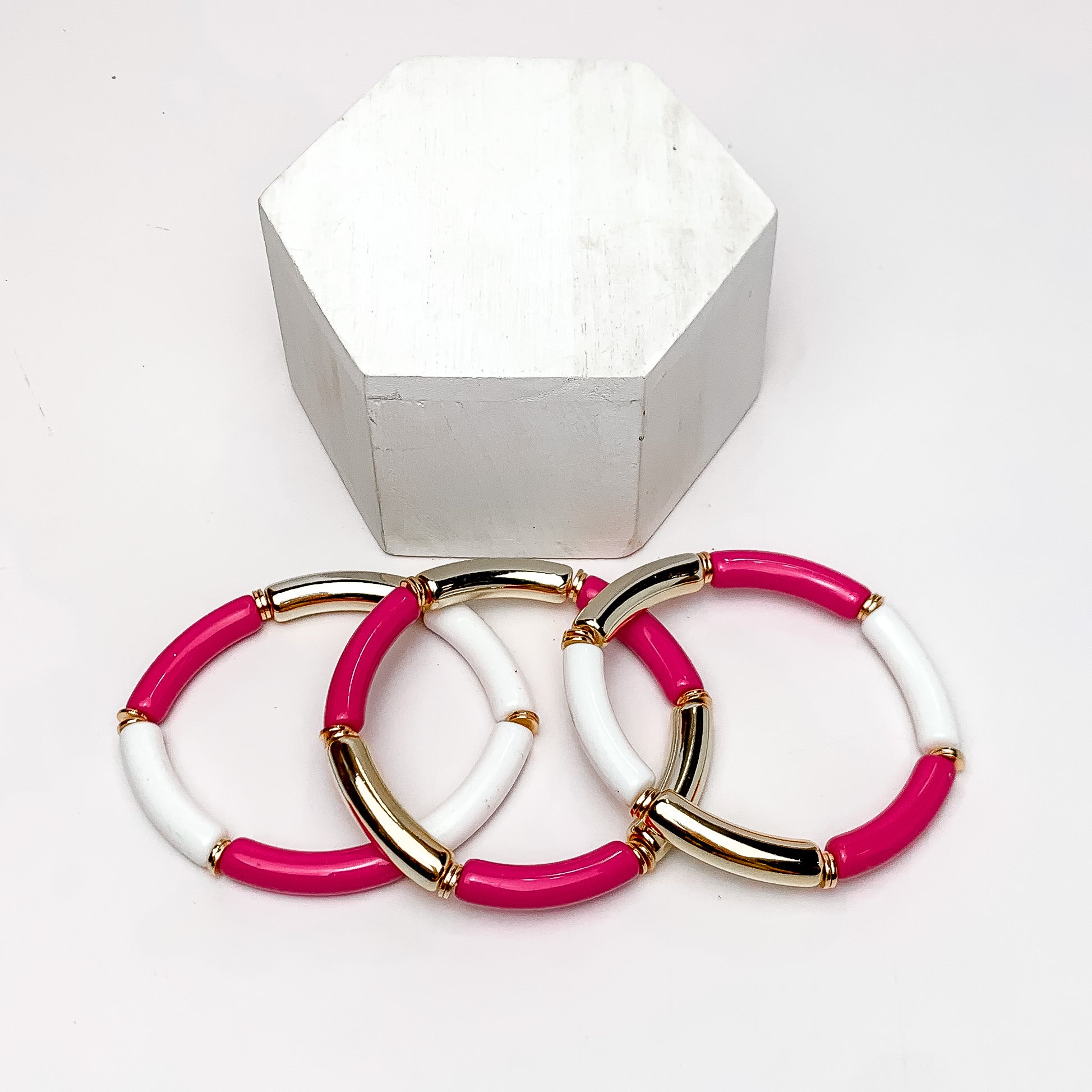 Set of Three | Thin Tube Bracelets in Hot Pink, White, And Gold Tone - Giddy Up Glamour Boutique