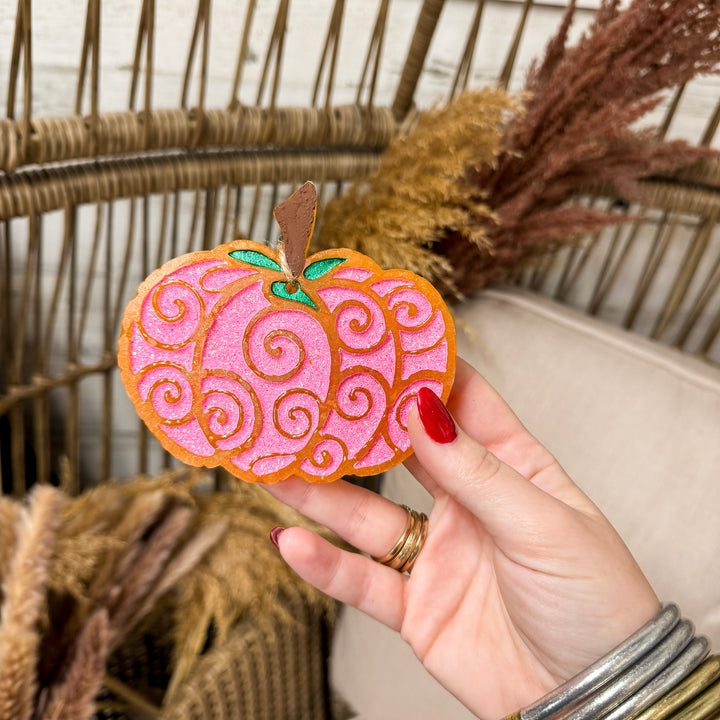 Swirl & Spice Hot Pink and Gold Pumpkin Shape Car Freshie in Various Scents