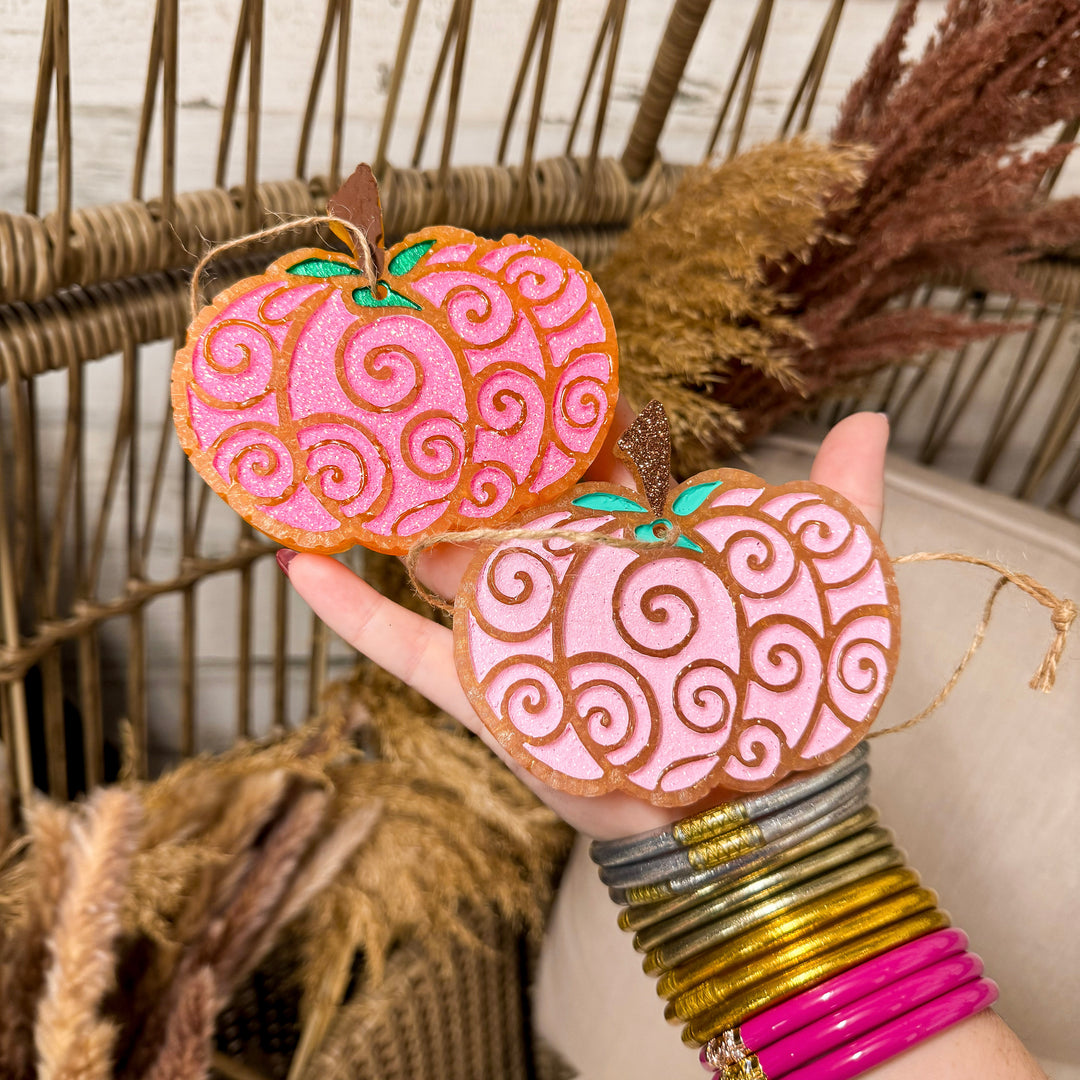 Swirl & Spice Hot Pink and Gold Pumpkin Shape Car Freshie in Various Scents
