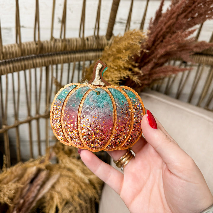 Autumn Bliss Orange & Turquoise Ombre Pumpkin Glitter Car Freshie in Various Scents