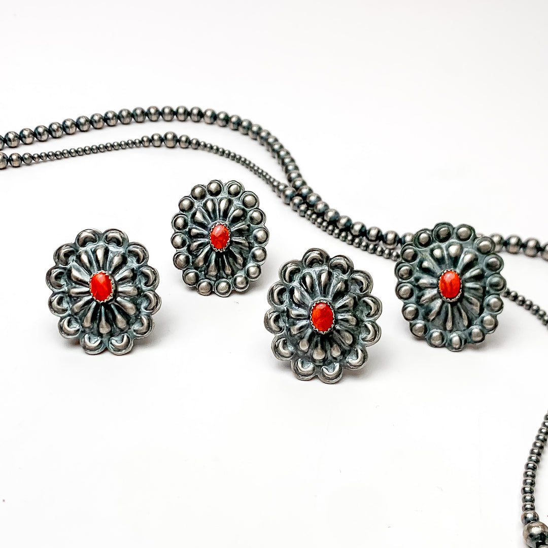 Tim Yazzie | Navajo Handmade Sterling Silver Concho Ring with Red Spiny Oyster Stone - Giddy Up Glamour Boutique