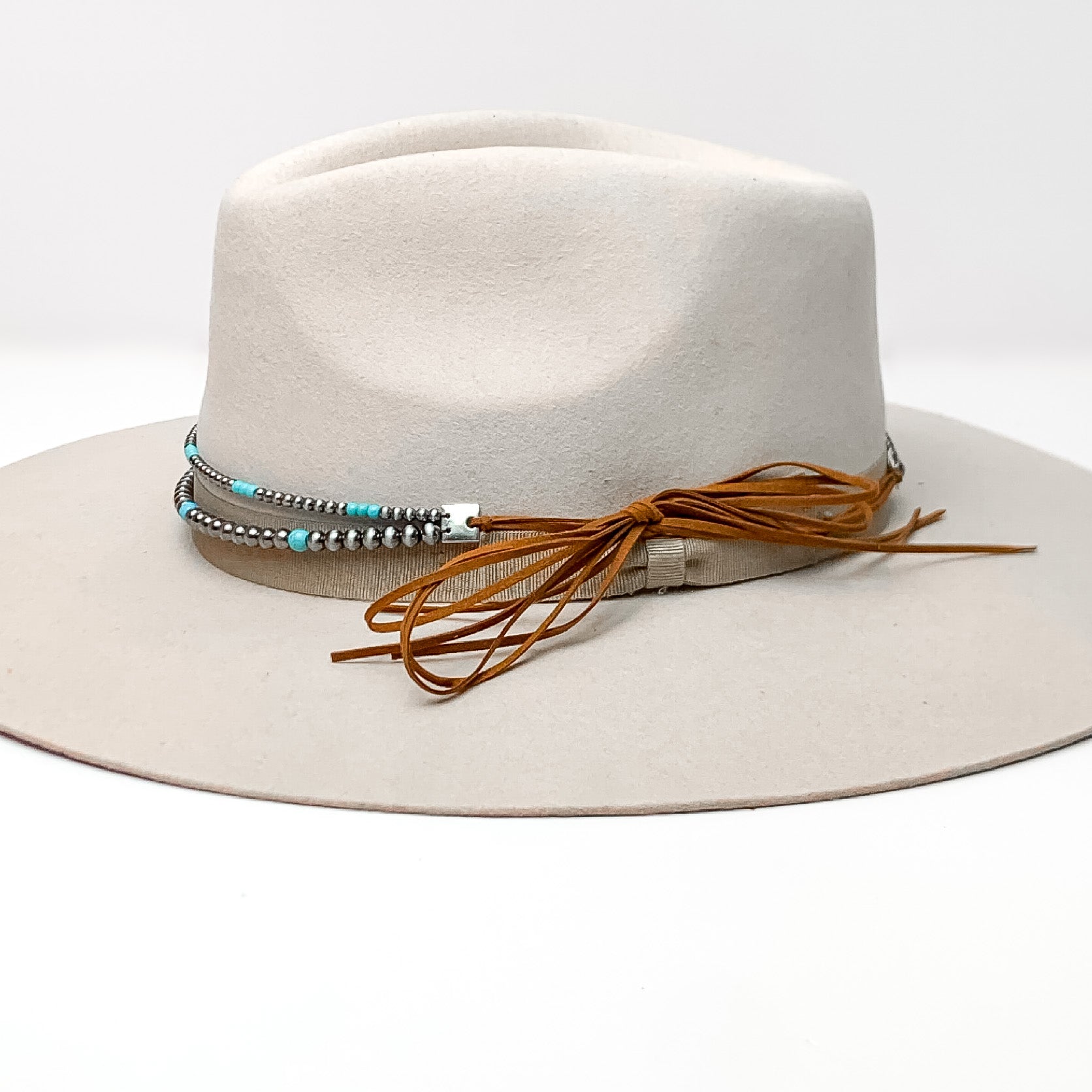 Silver Tone and Turquoise Pearl Hat Band With Brown Tie Strings - Giddy Up Glamour Boutique