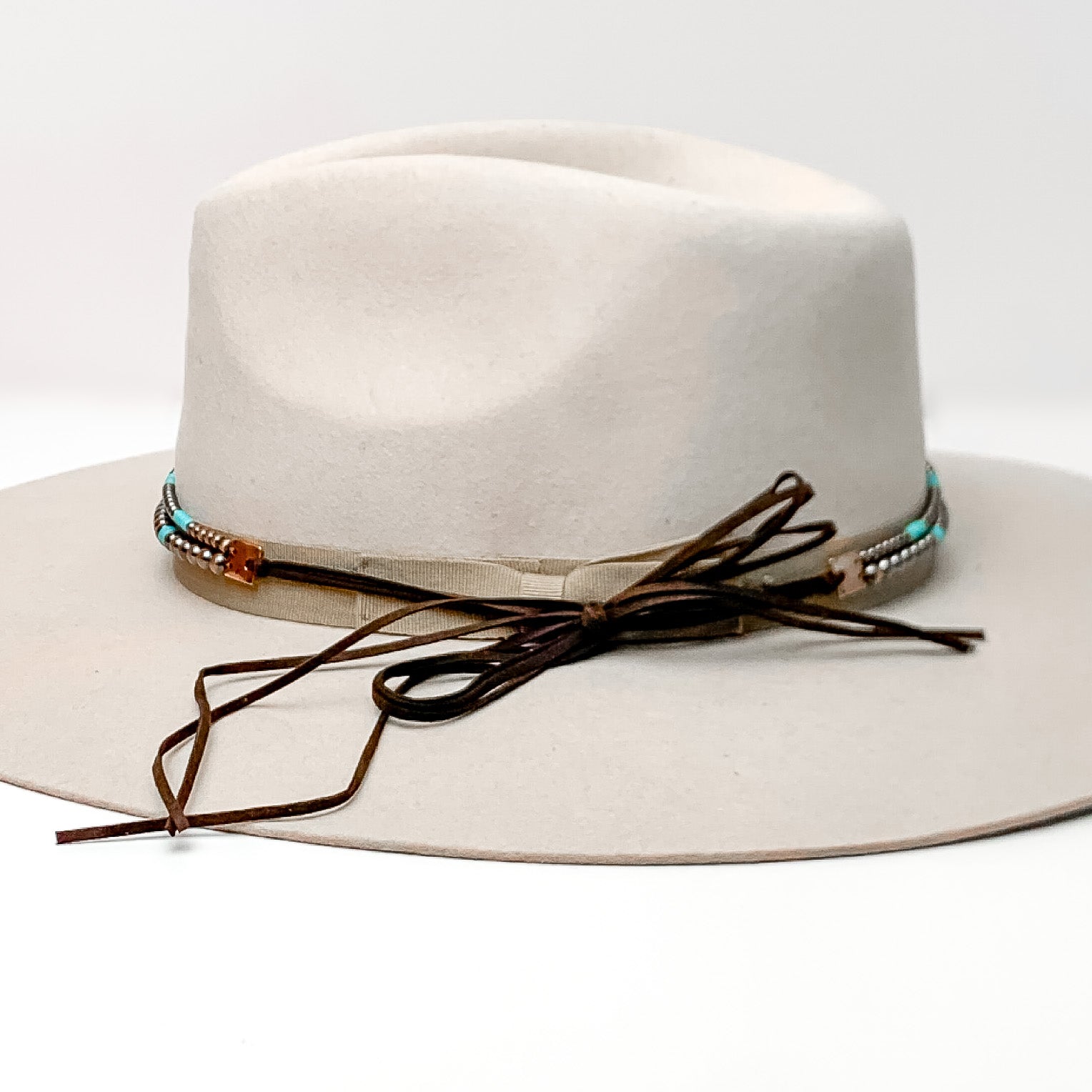 Copper Tone and Turquoise Pearl Hat Band With Black Tie Strings - Giddy Up Glamour Boutique