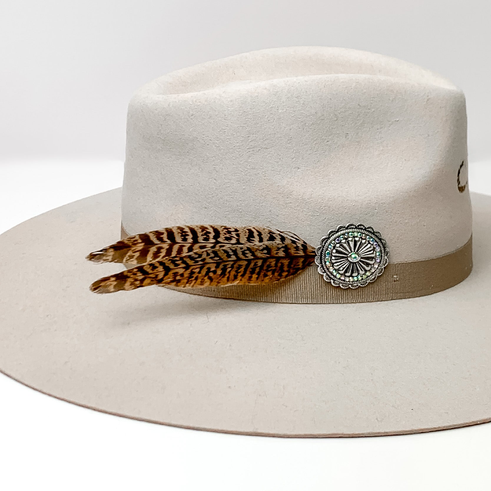 Large Oval Concho and Two Long Feathers Hat Pin with AB Crystals. Pictured on a white background with the pin on the side of a light grey/ brown hat.