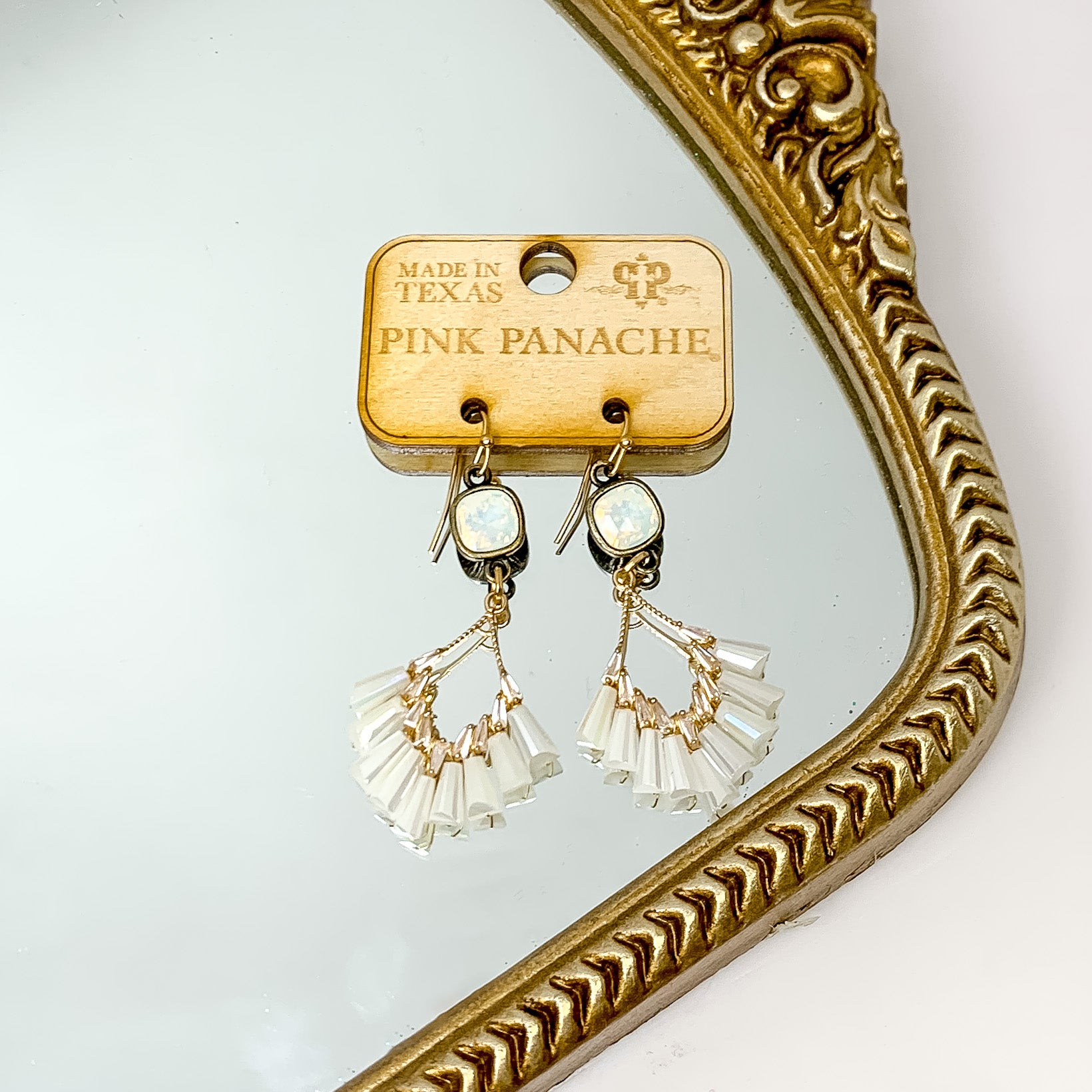 Pink Panache | White Opal Cushion Cut Drop Earrings with Gold Tone Diamond Pendant and White Beads - Giddy Up Glamour Boutique